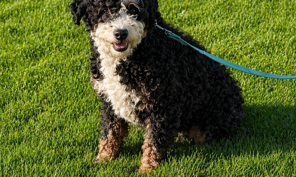 Adam, male bernedoodle sitting in grass